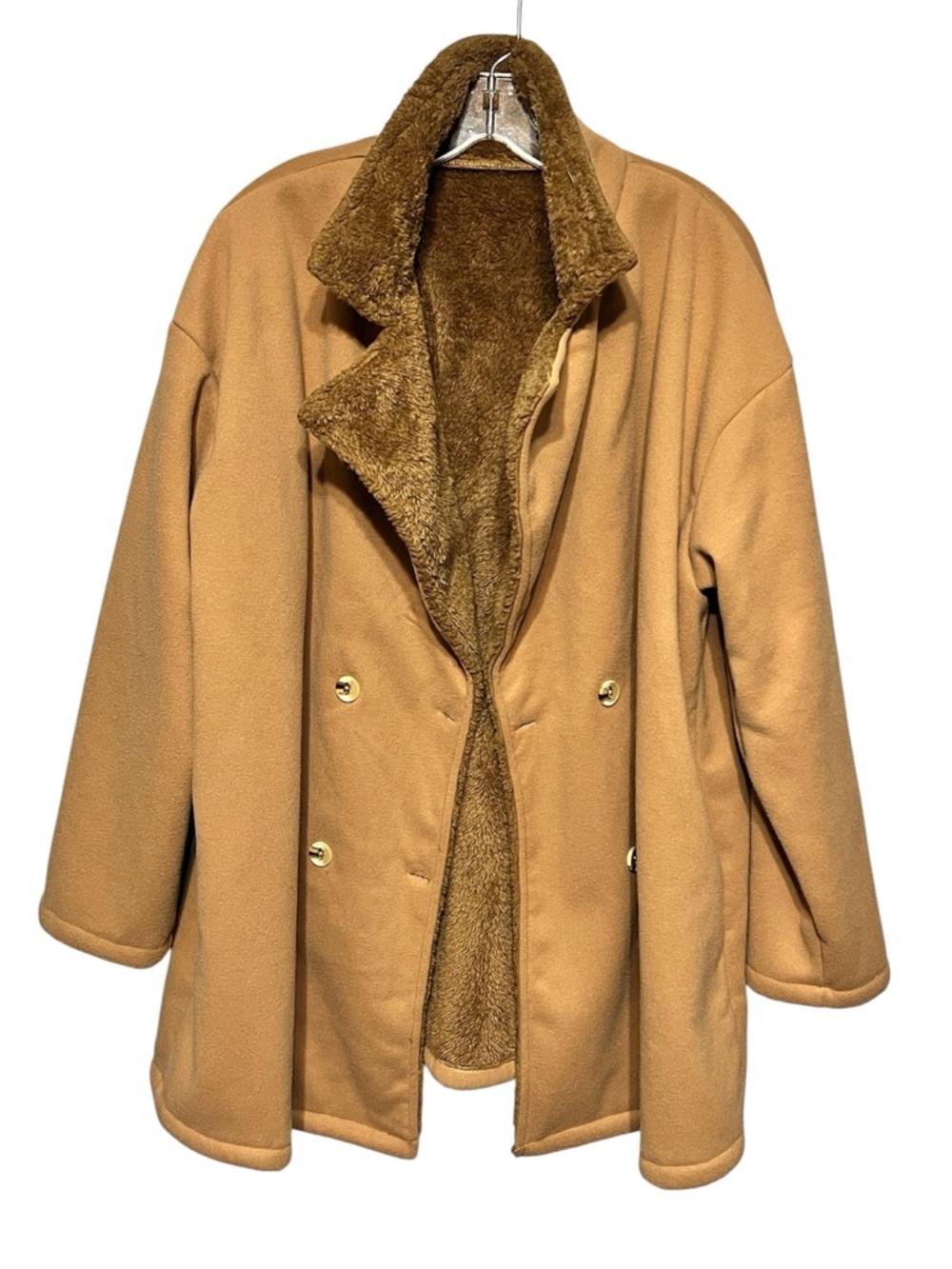SHEIN Curve Faux-Shearling Coat Tan Brown 2XL Double Breasted Plus-Size
